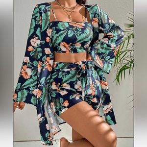 Floral print cami top and belted shorts and coat
